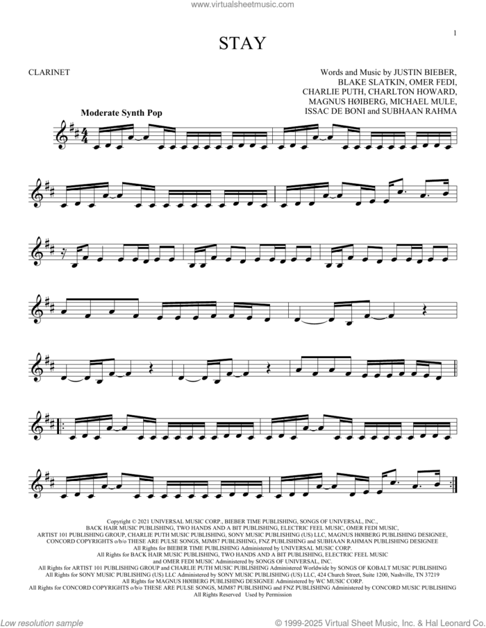 Stay (feat. Justin Bieber) sheet music for clarinet solo by The Kid LAROI, Blake Slatkin, Charlie Puth, Charlton Howard, Issac De Boni, Justin Bieber, Magnus HAuiberg, Michael Mule, Omer Fedi and Subhaan Rahman, intermediate skill level
