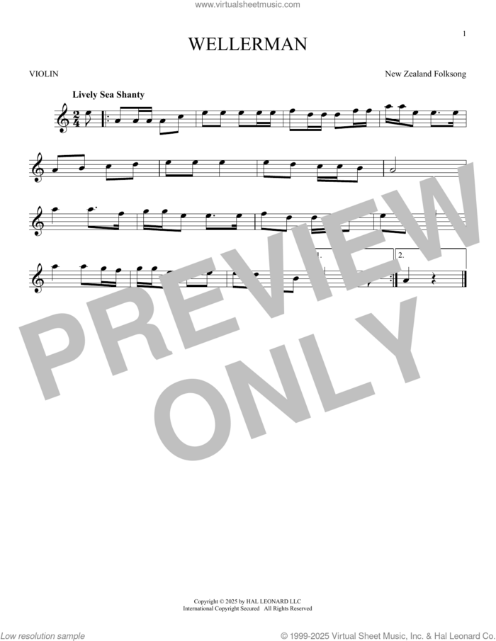 Wellerman sheet music for violin solo by New Zealand Folksong, intermediate skill level