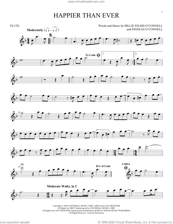Happier Than Ever sheet music for flute solo by Billie Eilish, intermediate skill level