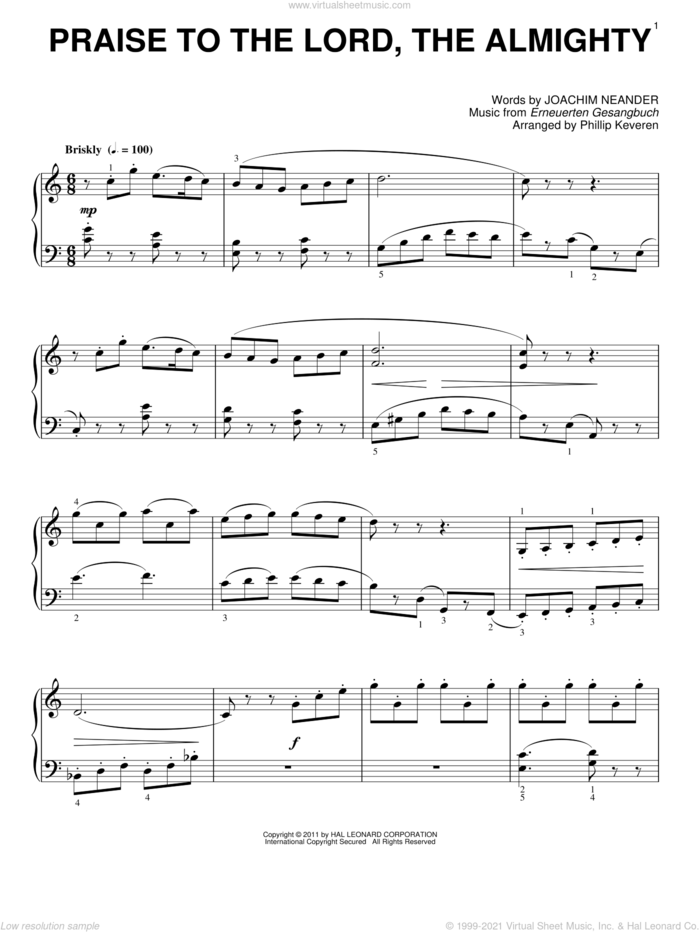 Praise To The Lord, The Almighty [Classical version] (arr. Phillip Keveren) sheet music for piano solo by Joachim Neander, Phillip Keveren, Catherine Winkworth and Erneuerten Gesangbuch, intermediate skill level