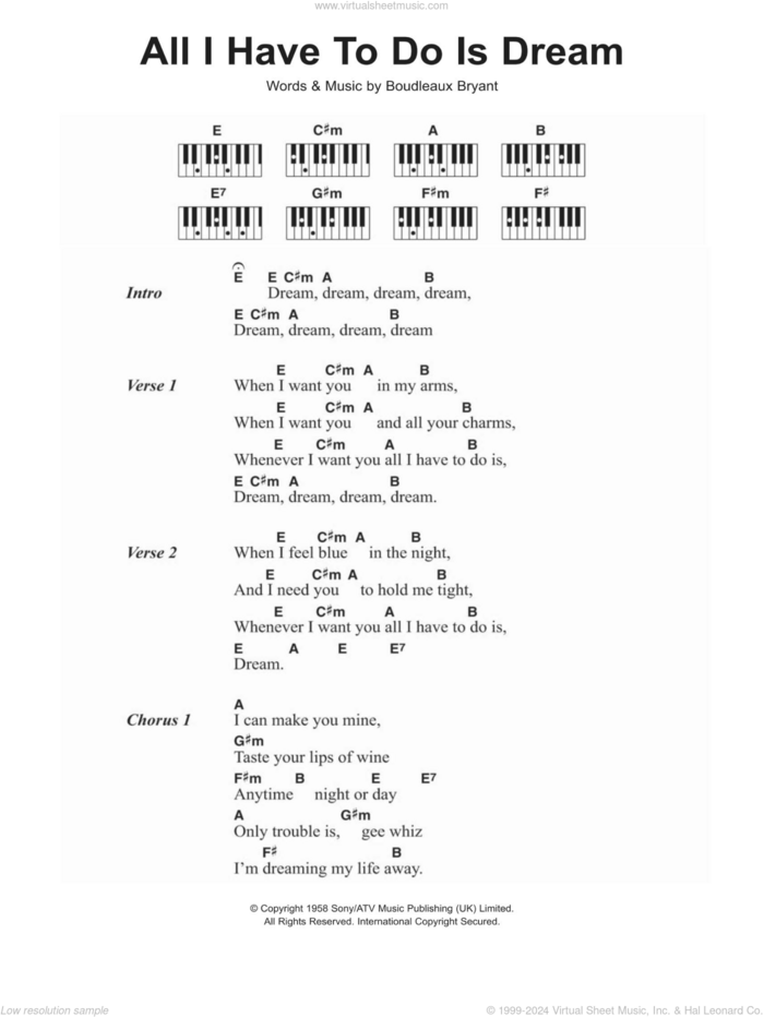 All I Have To Do Is Dream sheet music for piano solo (chords, lyrics, melody) by Everly Brothers and Boudleaux Bryant, intermediate piano (chords, lyrics, melody)