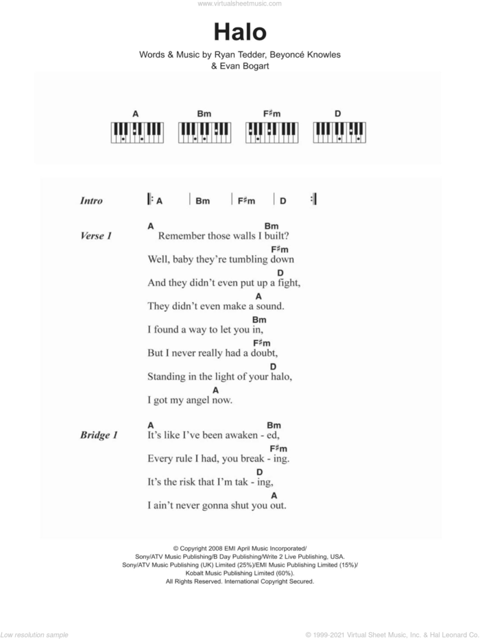Halo sheet music for piano solo (chords, lyrics, melody) by Beyonce, Evan Bogart and Ryan Tedder, intermediate piano (chords, lyrics, melody)