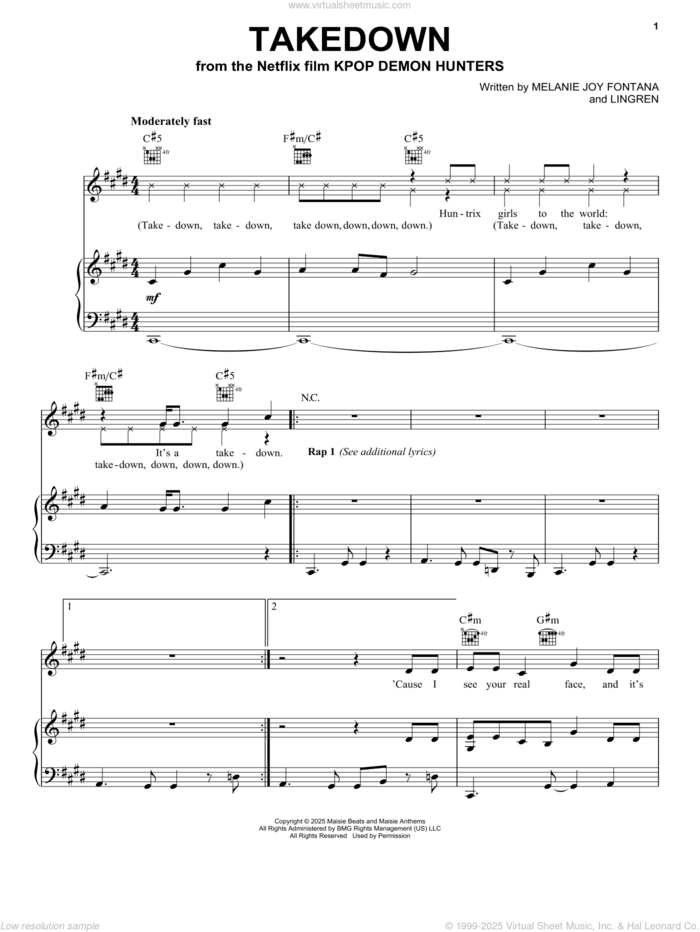 Takedown (from KPop Demon Hunters) sheet music for voice, piano or guitar by Melanie Joy Fontana and Lingren, intermediate skill level