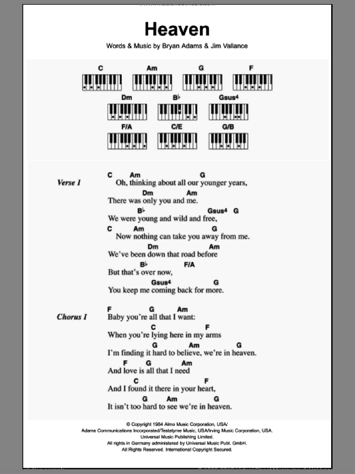 Heaven sheet music for piano solo (chords, lyrics, melody) by Bryan Adams and Jim Vallance, intermediate piano (chords, lyrics, melody)