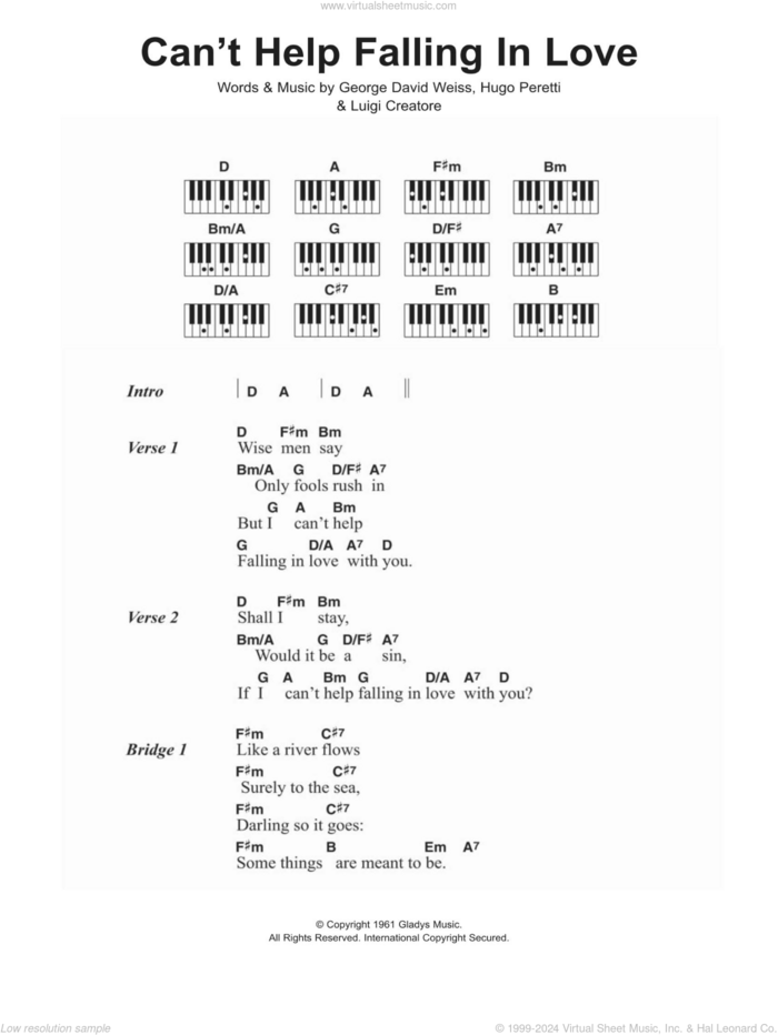 Can't Help Falling In Love sheet music for piano solo (chords, lyrics, melody) by Elvis Presley, George David Weiss, Hugo Peretti and Luigi Creatore, wedding score, intermediate piano (chords, lyrics, melody)