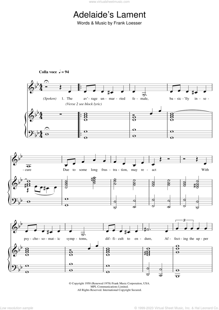 Adelaide's Lament (from Guys And Dolls) sheet music for voice and piano by Frank Loesser and Guys And Dolls (Musical), intermediate skill level