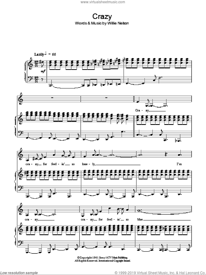Crazy sheet music for voice and piano by Diana Krall, Patsy Cline and Willie Nelson, intermediate skill level