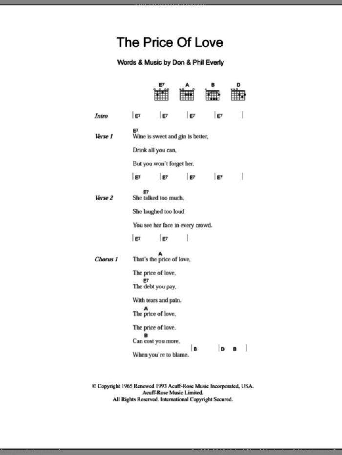 The Price Of Love sheet music for guitar (chords) by The Everly Brothers, Don Everly and Phil Everly, intermediate skill level