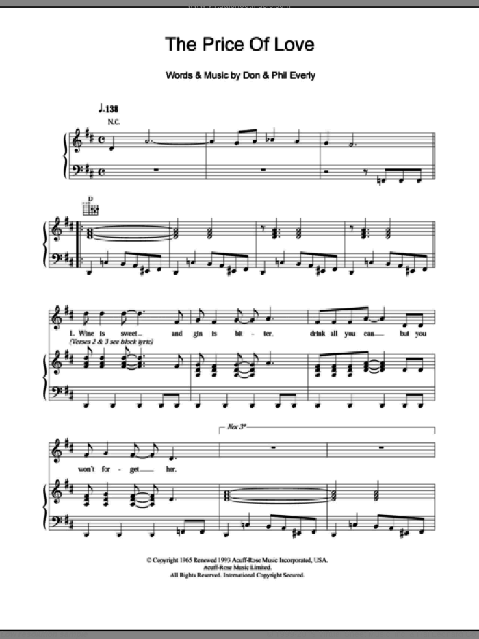 The Price Of Love sheet music for voice, piano or guitar by The Everly Brothers, Don Everly and Phil Everly, intermediate skill level