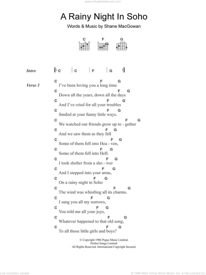 A Rainy Night In Soho sheet music for guitar (chords) by The Pogues and Shane MacGowan, intermediate skill level