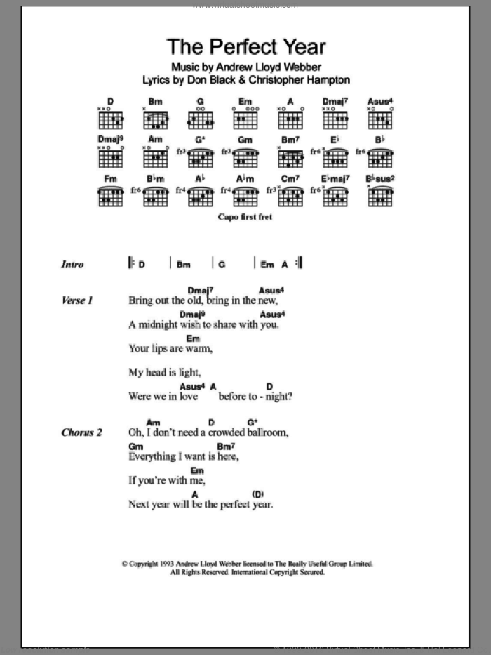 The Perfect Year (from Sunset Boulevard) sheet music for guitar (chords) by Dina Carroll, Sunset Boulevard (Musical), Andrew Lloyd Webber, Christopher Hampton and Don Black, intermediate skill level