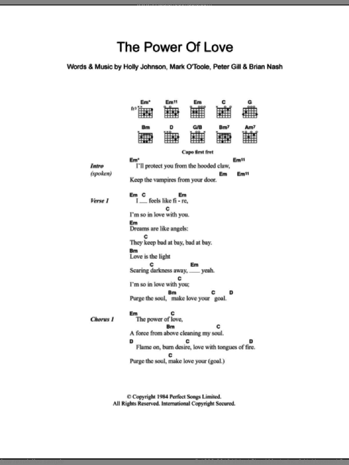 The Power Of Love sheet music for guitar (chords) by Peter Gill, Brian Nash and Holly Johnson, intermediate skill level