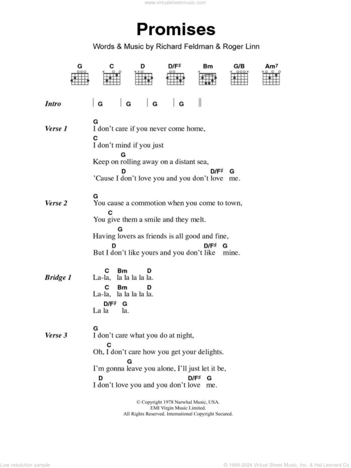 Promises sheet music for guitar (chords) by Eric Clapton, Richard Feldman and Roger Linn, intermediate skill level