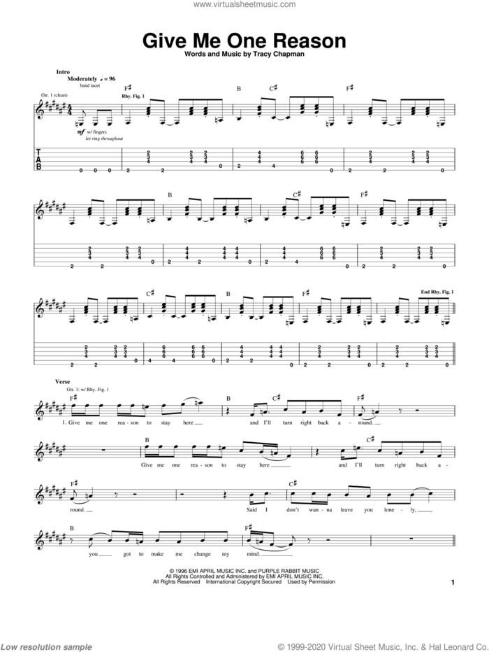 Give Me One Reason sheet music for guitar (tablature) by Tracy Chapman, intermediate skill level
