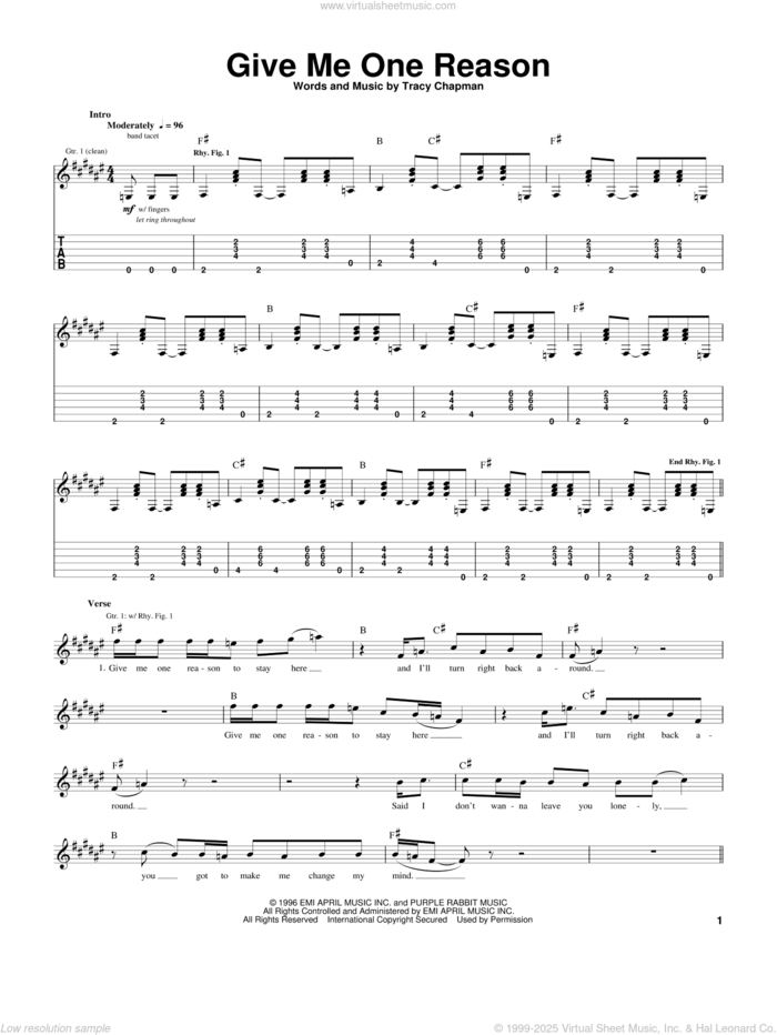 Give Me One Reason sheet music for guitar (tablature) by Tracy Chapman, intermediate skill level