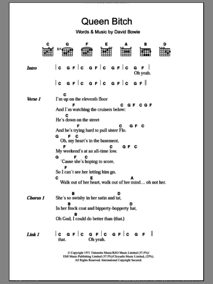 Queen Bitch sheet music for guitar (chords) by David Bowie, intermediate skill level