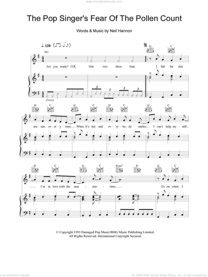The Pop Singer's Fear Of The Pollen Count sheet music for voice, piano or guitar by The Divine Comedy and Neil Hannon, intermediate skill level