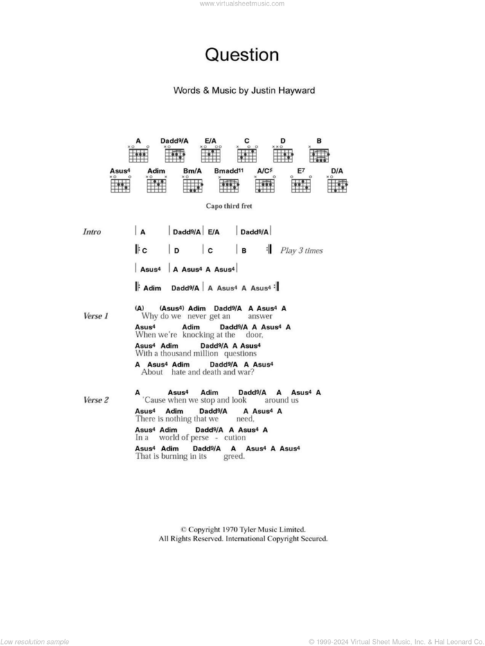 Question sheet music for guitar (chords) by The Moody Blues and Justin Hayward, intermediate skill level