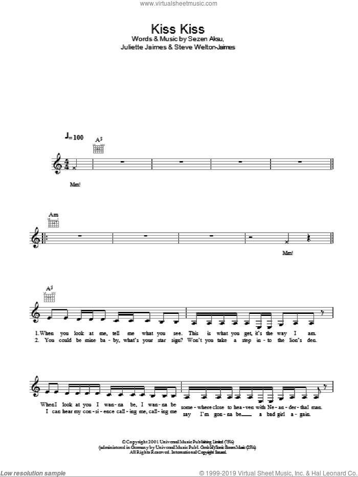 Kiss Kiss sheet music for voice and other instruments (fake book) by Holly Valance, Juliette Jaimes, Sezen Aksu and Steve Welton-Jaimes, intermediate skill level