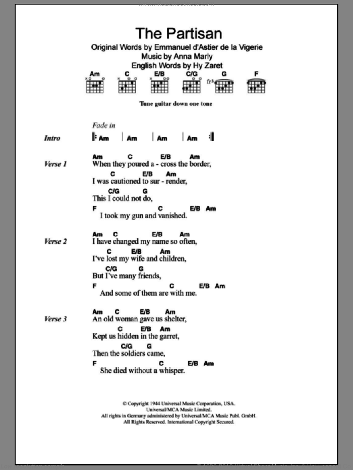 The Partisan sheet music for guitar (chords) by Leonard Cohen, Anna Marly and Hy Zaret, intermediate skill level