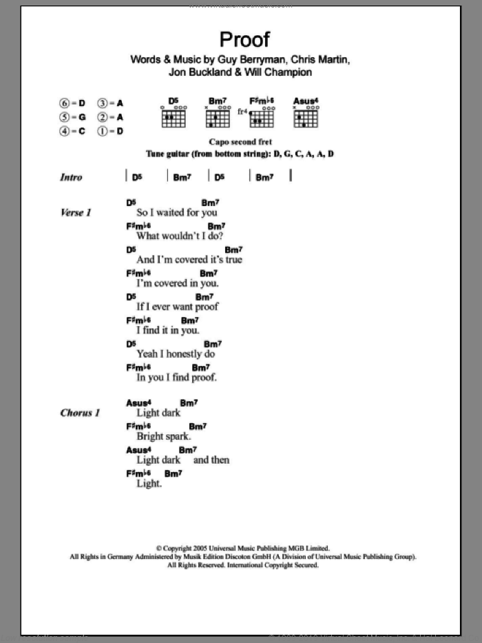 Proof sheet music for guitar (chords) by Coldplay, Chris Martin, Guy Berryman, Jon Buckland and Will Champion, intermediate skill level