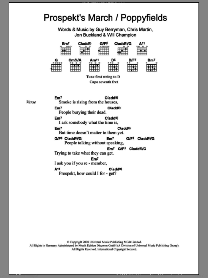 Prospekt's March / Poppyfields sheet music for guitar (chords) by Coldplay, Chris Martin, Guy Berryman, Jon Buckland and Will Champion, intermediate skill level