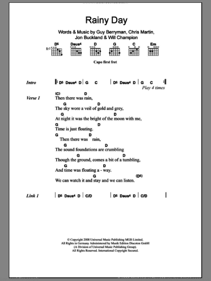 Rainy Day sheet music for guitar (chords) by Coldplay, Chris Martin, Guy Berryman, Jon Buckland and Will Champion, intermediate skill level