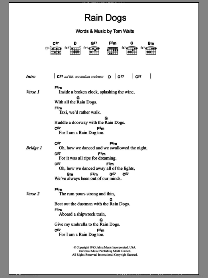Rain Dogs sheet music for guitar (chords) by Tom Waits, intermediate skill level