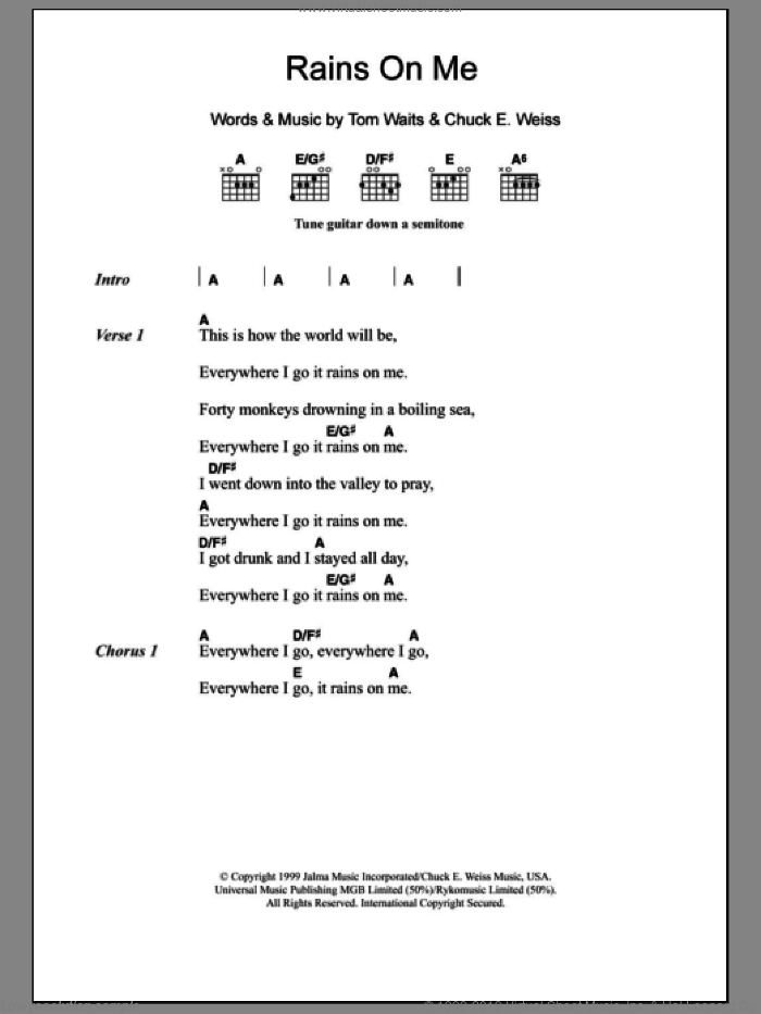 Rains On Me sheet music for guitar (chords) by Tom Waits and Chuck E. Weiss, intermediate skill level