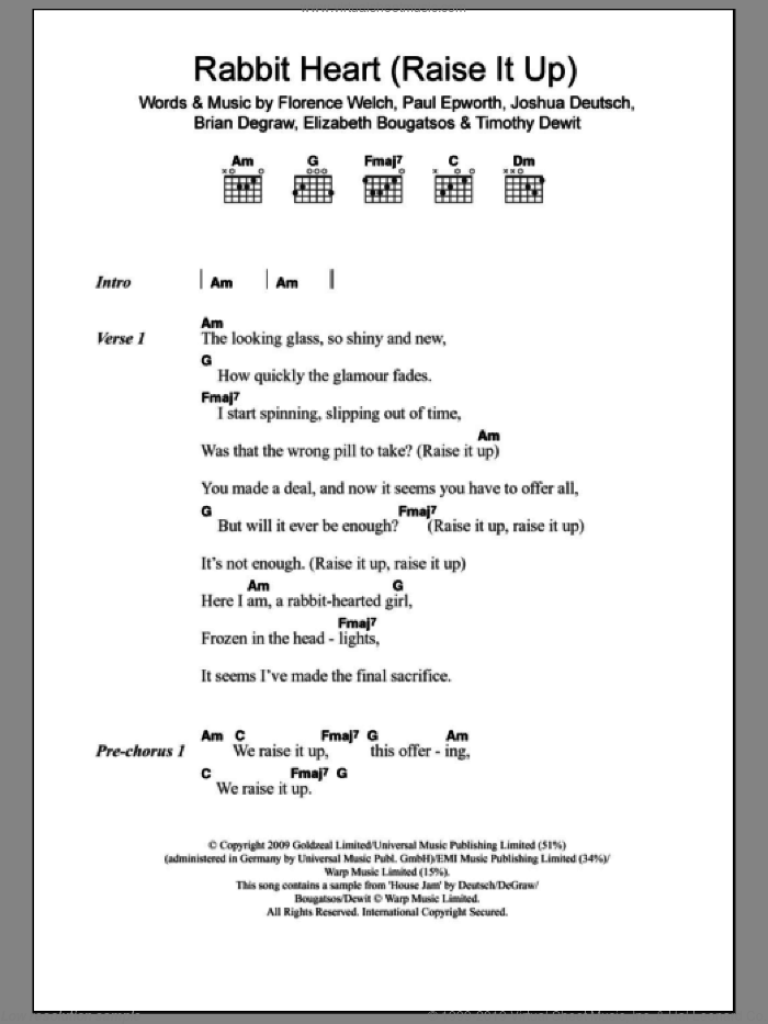 Rabbit Heart (Raise It Up) sheet music for guitar (chords) by Florence And The Machine, Florence And The  Machine, Brian Degraw, Elizabeth Bougatsos, Florence Welch, Joshua Deutsch, Paul Epworth and Timothy Dewit, intermediate skill level