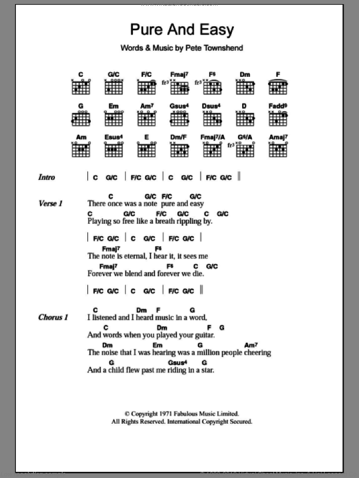 Pure And Easy sheet music for guitar (chords) by The Who and Pete Townshend, intermediate skill level