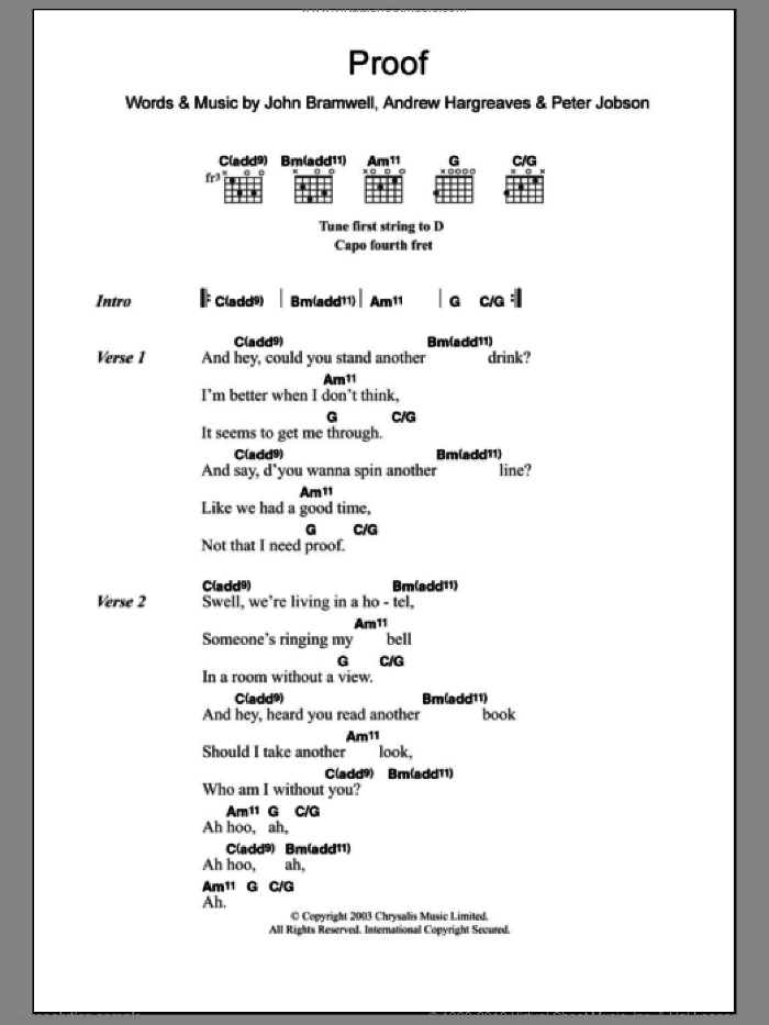 Proof sheet music for guitar (chords) by I Am Kloot, Andrew Hargreaves, John Bramwell and Peter Jobson, intermediate skill level