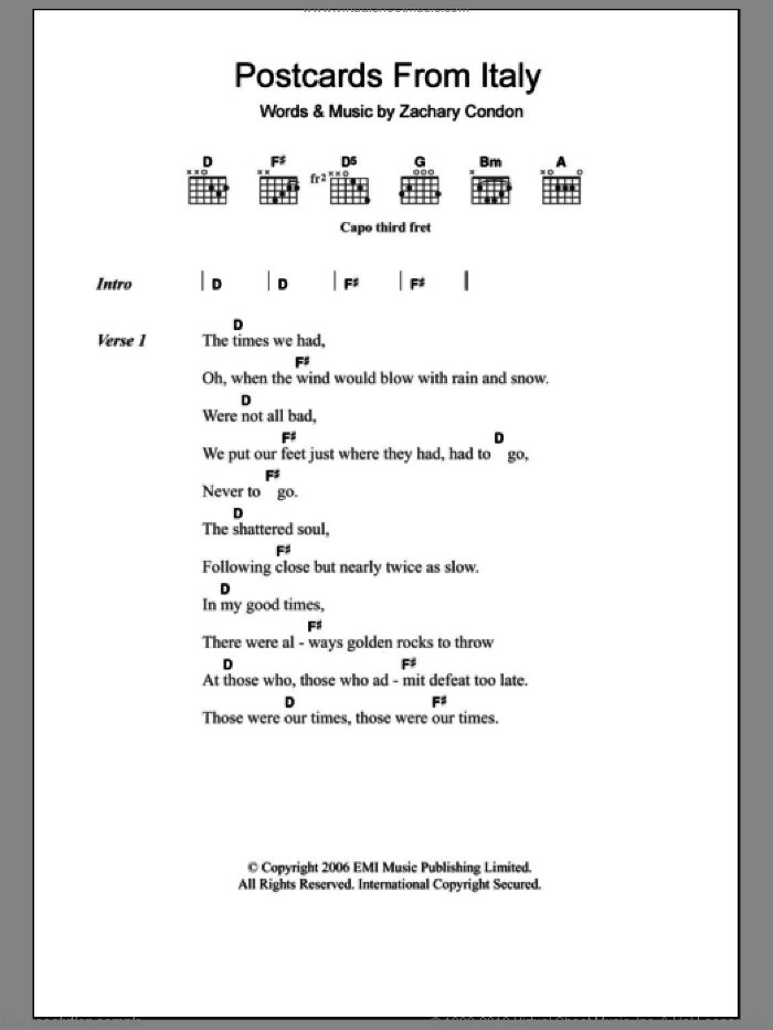 Postcards From Italy sheet music for guitar (chords) by Beirut and Zachary Condon, intermediate skill level