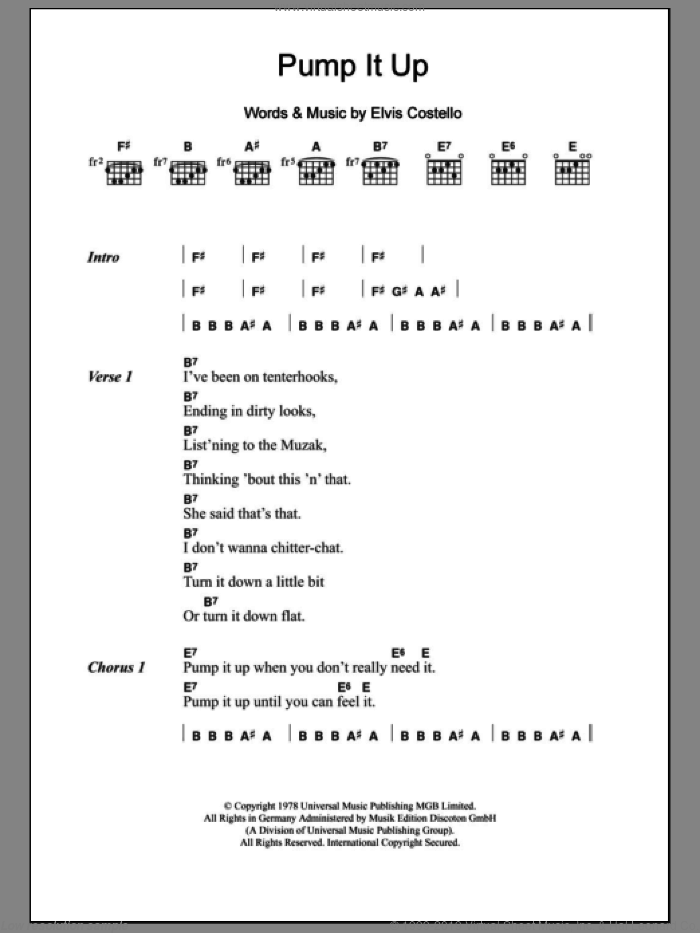 Pump It Up sheet music for guitar (chords) by Elvis Costello, intermediate skill level