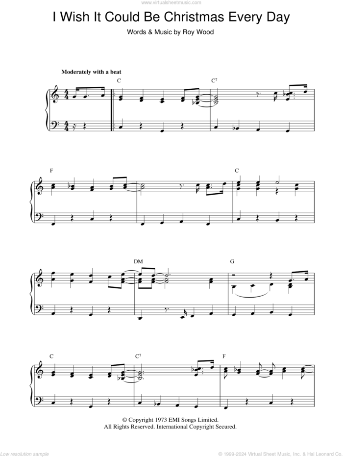 I Wish It Could Be Christmas Every Day, (intermediate) sheet music for piano solo by Wizzard and Roy Wood, intermediate skill level