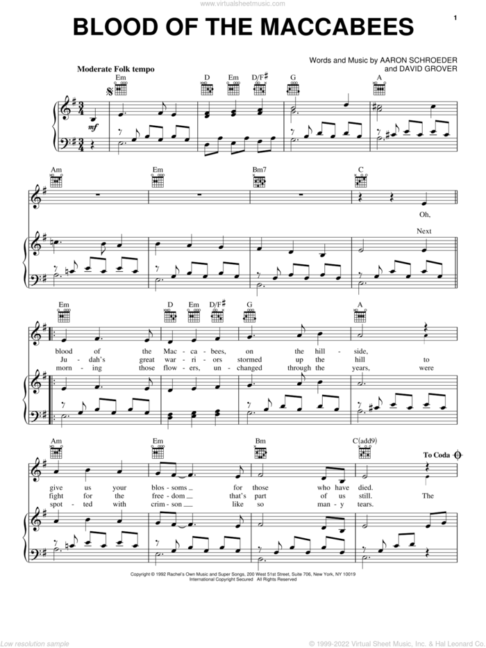 Blood Of The Maccabees sheet music for voice, piano or guitar by David Grover & The Big Bear Band, Aaron Schroeder and David Grover, intermediate skill level