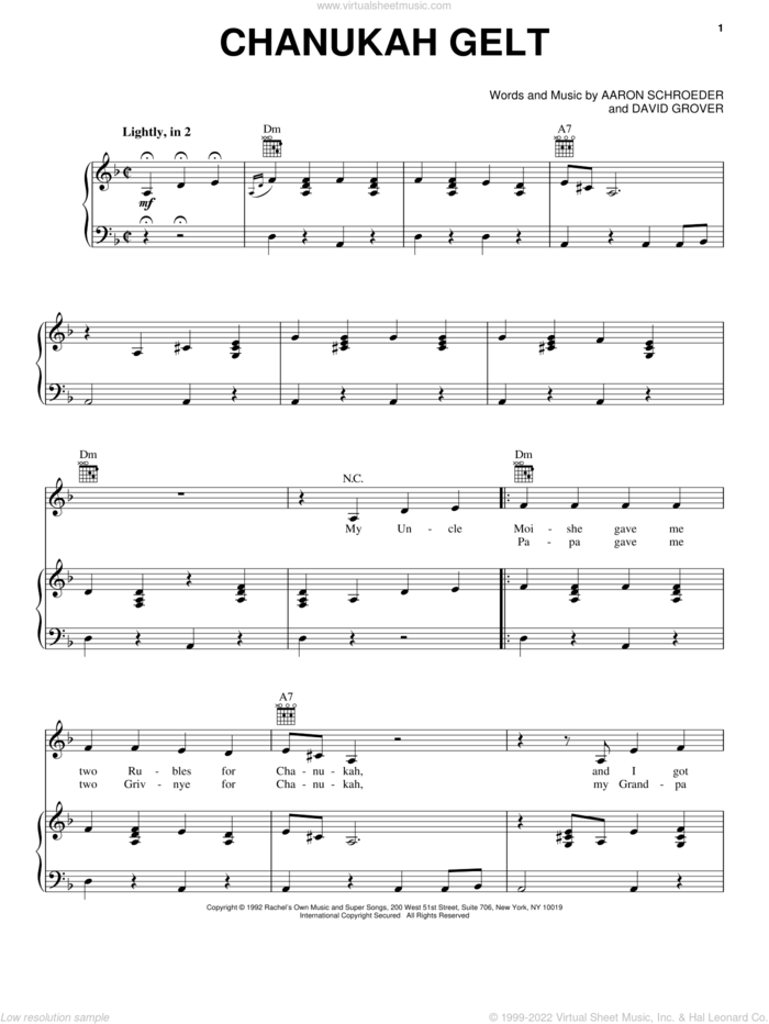 Chanukah Gelt sheet music for voice, piano or guitar by David Grover & The Big Bear Band, Aaron Schroeder and David Grover, intermediate skill level