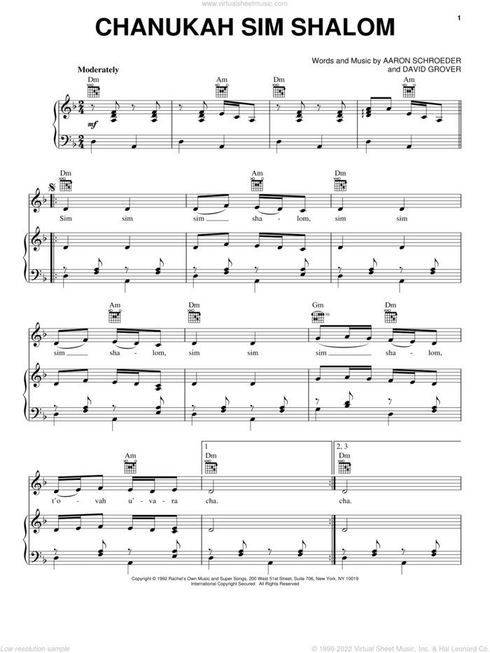 Chanukah Sim Shalom sheet music for voice, piano or guitar by David Grover & The Big Bear Band, Aaron Schroeder and David Grover, intermediate skill level
