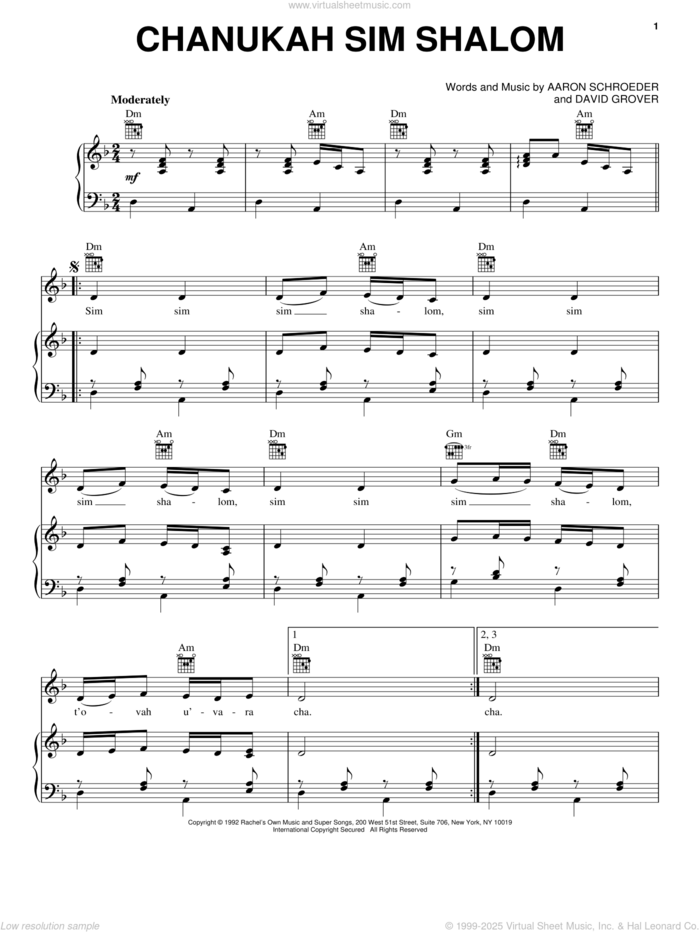 Chanukah Sim Shalom sheet music for voice, piano or guitar by David Grover & The Big Bear Band, Aaron Schroeder and David Grover, intermediate skill level