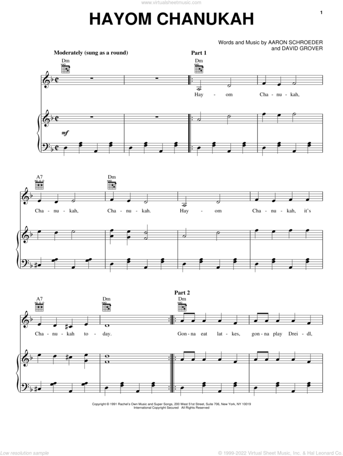 Hayom Chanukah sheet music for voice, piano or guitar by David Grover & The Big Bear Band, Aaron Schroeder and David Grover, intermediate skill level