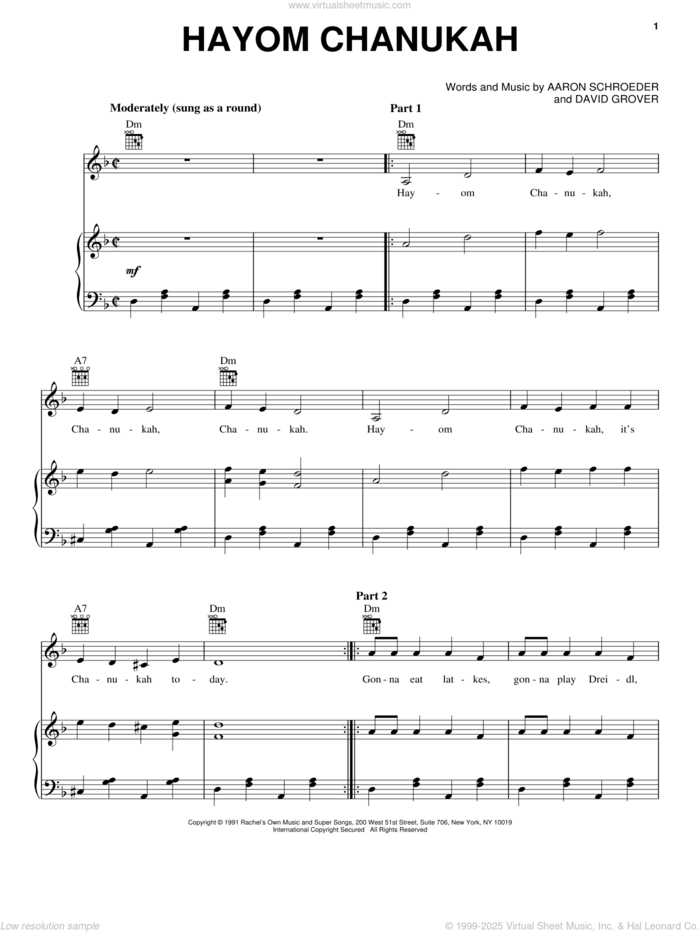 Hayom Chanukah sheet music for voice, piano or guitar by David Grover & The Big Bear Band, Aaron Schroeder and David Grover, intermediate skill level