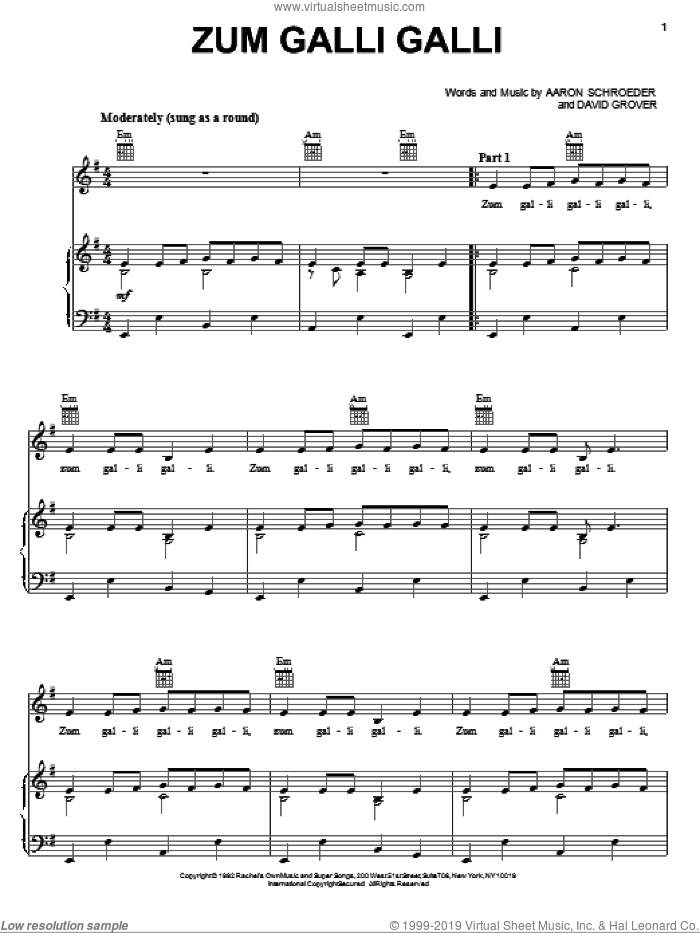Zum Galli Galli sheet music for voice, piano or guitar by David Grover & The Big Bear Band, Aaron Schroeder and David Grover, intermediate skill level