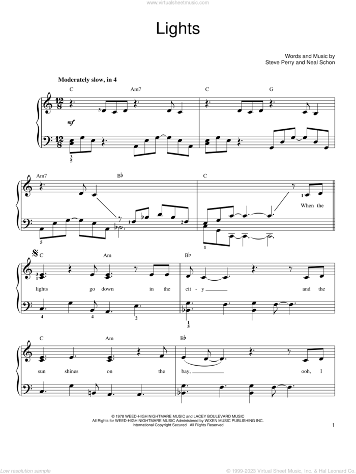 Lights sheet music for piano solo by Journey, Neal Schon and Steve Perry, easy skill level