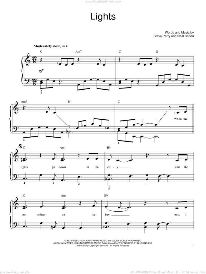 Lights sheet music for piano solo by Journey, Neal Schon and Steve Perry, easy skill level