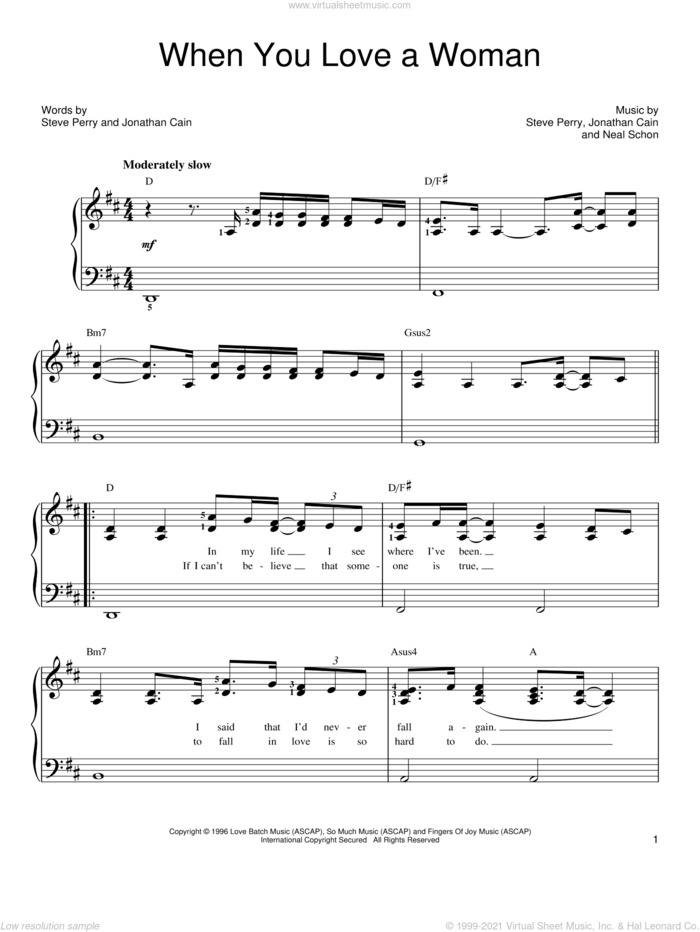When You Love A Woman sheet music for piano solo by Journey, Jonathan Cain, Neal Schon and Steve Perry, easy skill level