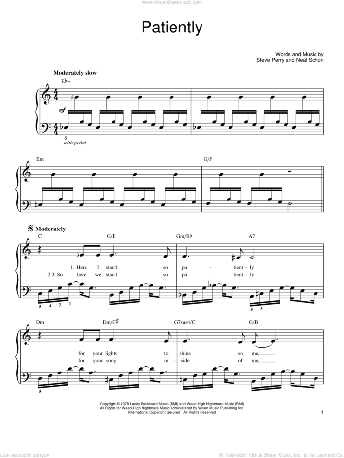 Patiently sheet music for piano solo by Journey, Neal Schon and Steve Perry, easy skill level