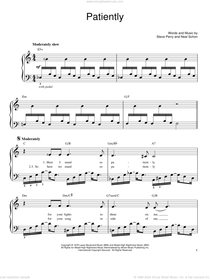 Patiently sheet music for piano solo by Journey, Neal Schon and Steve Perry, easy skill level