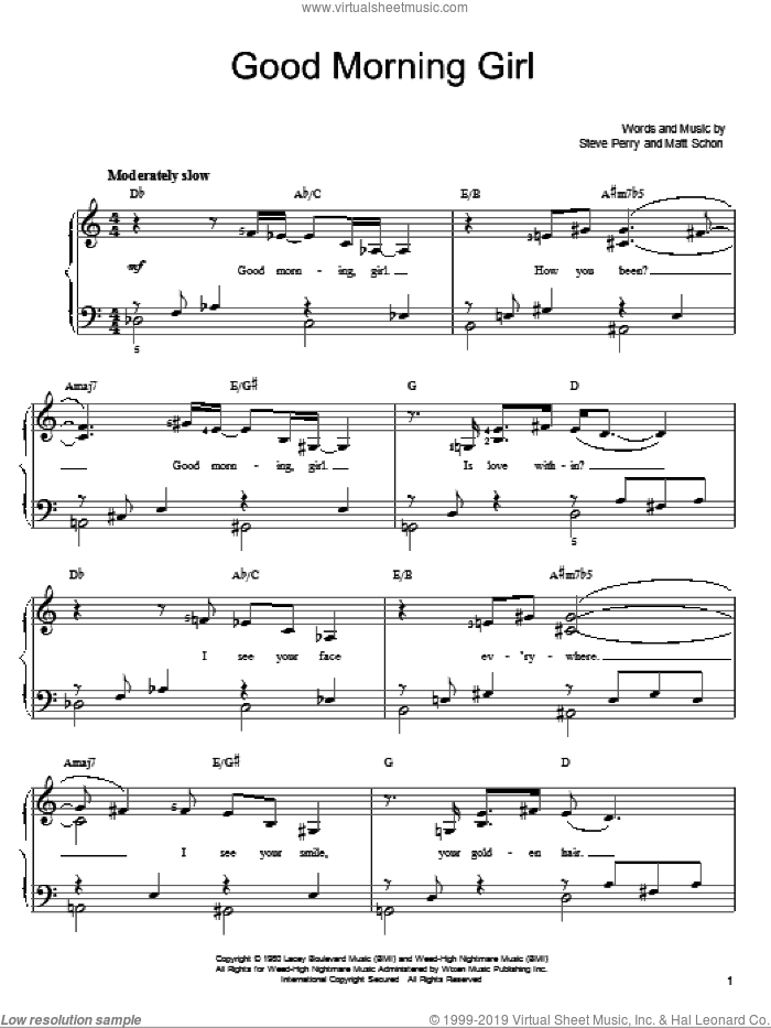 Good Morning Girl sheet music for piano solo by Journey, Matt Schon and Steve Perry, easy skill level
