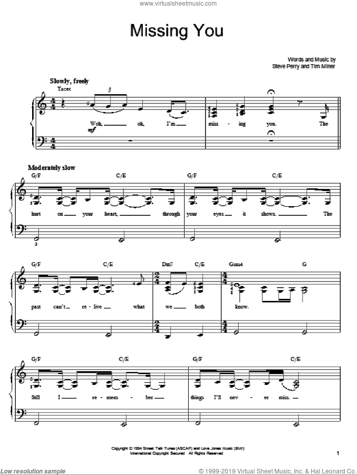 Missing You sheet music for piano solo by Steve Perry and Tim Miner, easy skill level