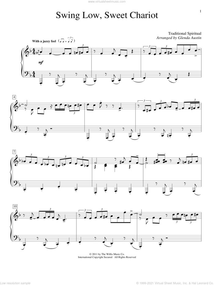 Swing Low, Sweet Chariot, (beginner) sheet music for piano solo (elementary)  and Glenda Austin, beginner piano (elementary)